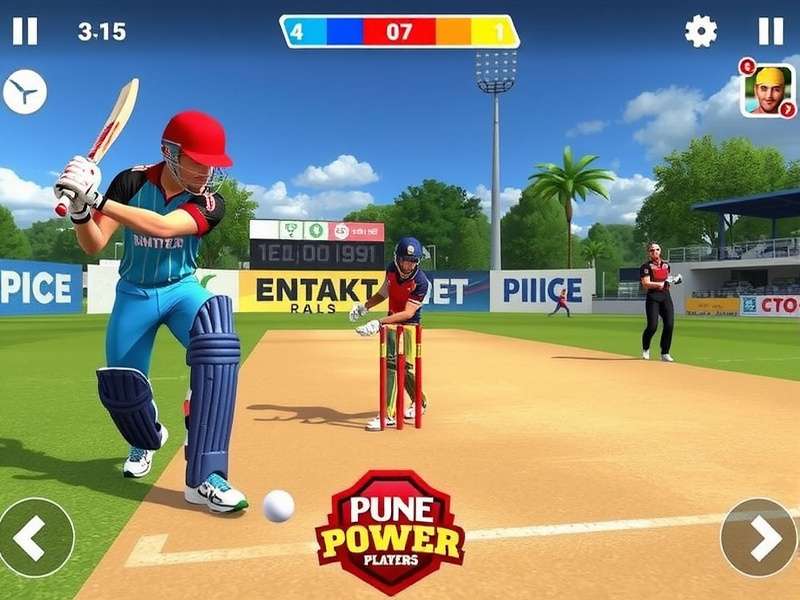 Pune Power Players game screenshot showing players competing in a virtual street cricket match